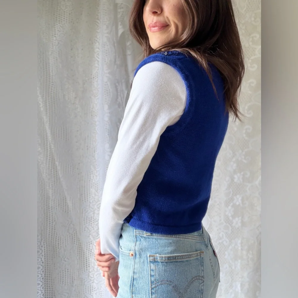 Y2K Cobalt Blue Beaded Sweater Vest Worthington Knit Button Front